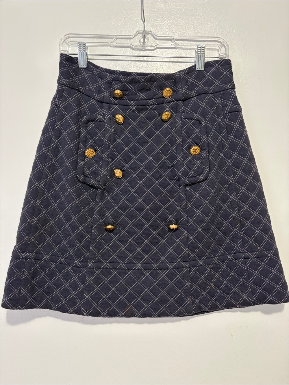 Marc by Marc Jacobs Quilted Navy A-Line Skirt with Gold Buttons